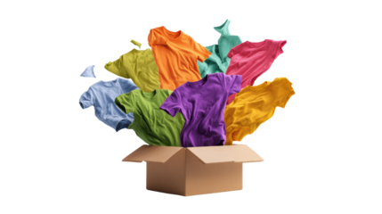 Colorful t-shirts bursting out of a cardboard box, isolated on a white background.