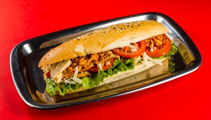 A delicious-looking, substantial sandwich, filled with savory ingredients, sits attractively on a gleaming metal tray against a vibrant red backdrop.