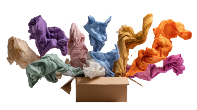 Colorful tissue papers emerging from an open box, creating a dynamic and vibrant display.