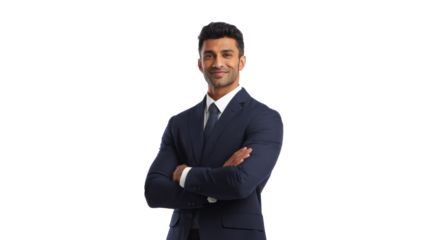 Confident businessman in a navy suit poses with arms crossed, isolated on white background.
