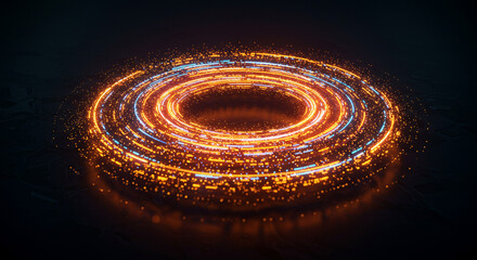 A glowing ring of light with orange and blue streaks surrounded by small dots on a dark background