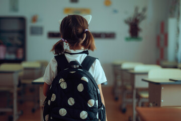 Little Girl Going Back to School Standing in a Classroom. Child returning to classes in September...