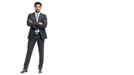 Confident businessman in black suit, standing with arms crossed against a white background.