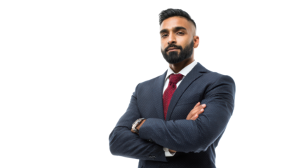 Confident businessman with arms crossed, dressed in formal attire, isolated on white background.
