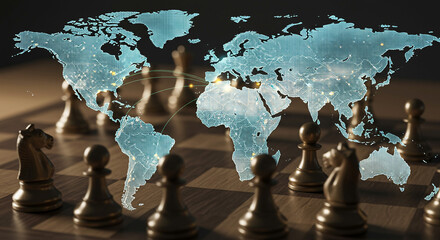 A chessboard with chess pieces and a world map overlay representing global strategy and geopolitics