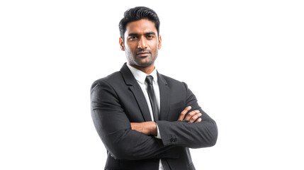 Confident businessman with arms crossed, wearing a suit, isolated on a white background.
