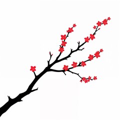 Stylized botanical illustration of a flowering branch with vibrant red blossoms delicate portrayal