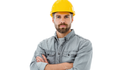 Confident construction worker in a safety helmet with arms crossed, isolated on white background.