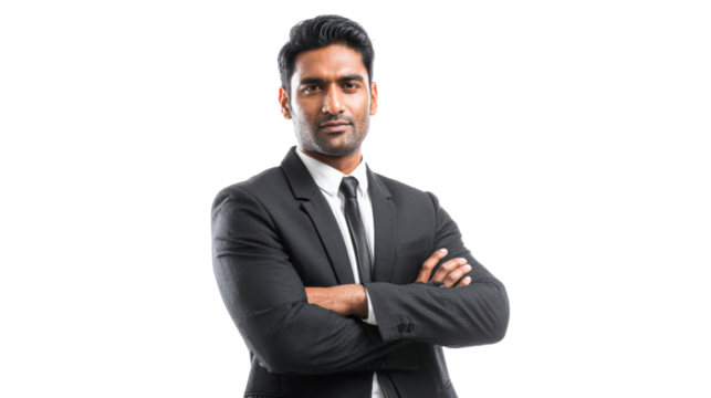 Confident businessman with arms crossed, wearing a suit, isolated on a white background.