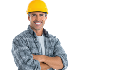 Confident construction worker smiling, wearing a safety helmet and plaid shirt, white isolate background.