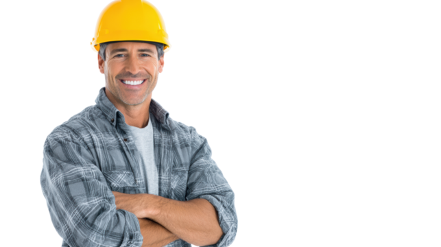 Confident construction worker smiling, wearing a safety helmet and plaid shirt, white isolate background.