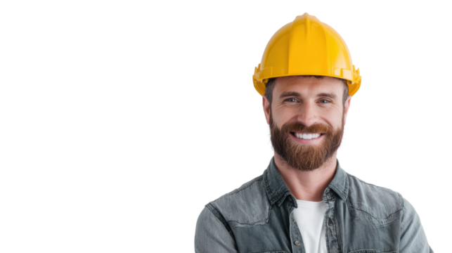 Confident construction worker smiling with a yellow hard hat, white isolate background.