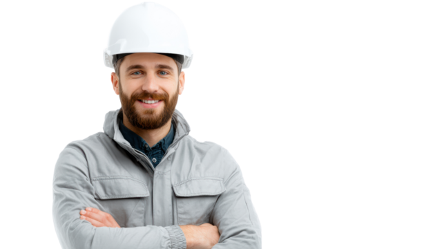 Confident engineer in hard hat smiling, white isolate background.
