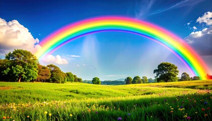 Vibrant Rainbow Arching Over Lush Green Meadow Under a Blue Sky with Clouds.