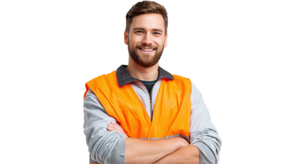 Confident worker in orange safety vest, smiling against a white isolated background.