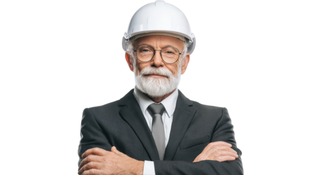 Confident senior engineer in suit and hard hat, posing with arms crossed, isolated on white background.