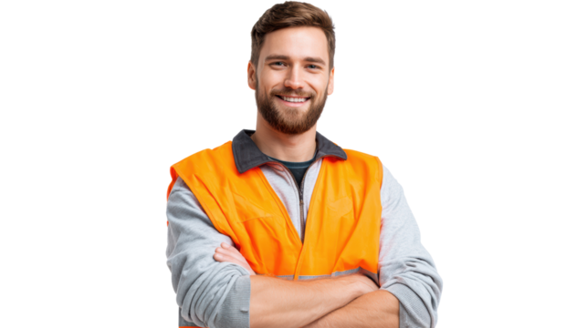 Confident worker in orange safety vest, smiling against a white isolated background.