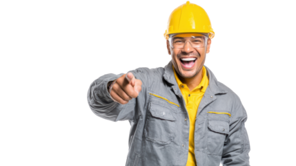 Construction worker in hard hat pointing and smiling, isolated on white background.