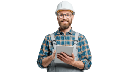 Construction worker with clipboard smiles confidently against a white isolated background.