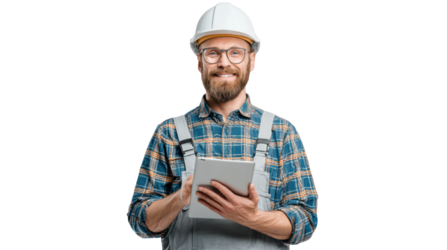 Construction worker with clipboard smiles confidently against a white isolated background.