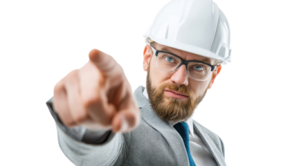Focused construction manager in a hard hat pointing assertively, isolated on white background.