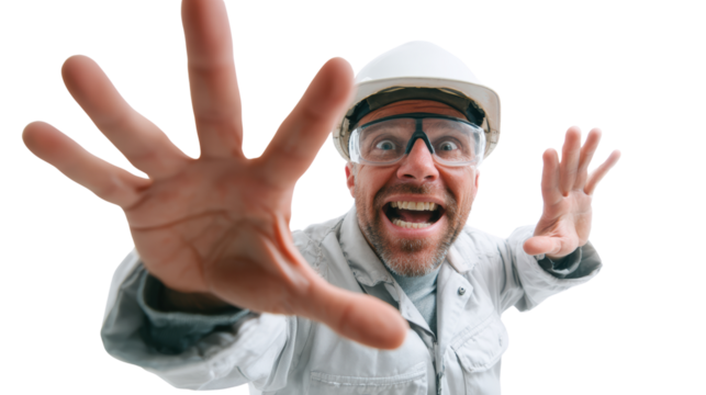 Excited worker in safety gear expressing enthusiasm and urgency, isolated on white background.
