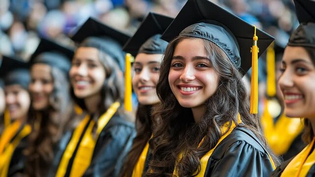 Row of diverse young female graduates in black caps gowns with yellow stoles smiling brightly central woman looking at camera for success new beginnings future education achievement concept
