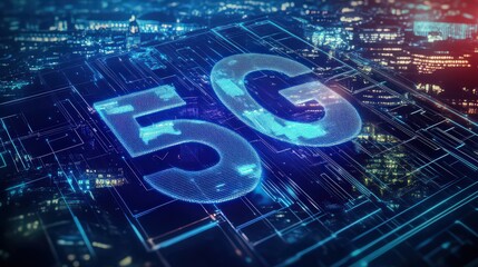 Digital representation of g network over a futuristic city landscape with glowing blue circuitry