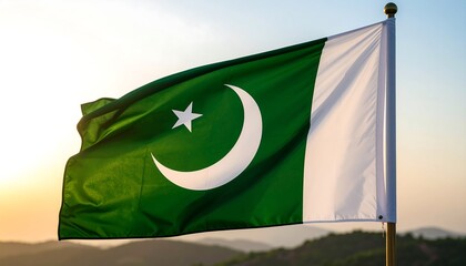 Pakistani flag waving in sunset