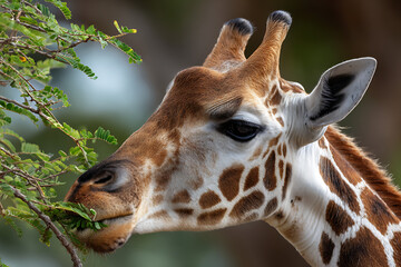 Obraz premium Majestic giraffe gracefully nibbles on green leaves, capturing the serene beauty of wildlife in its natural habitat with striking detail and gentle expression.