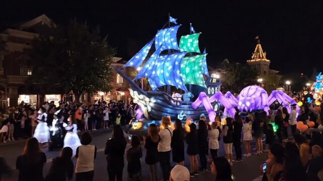 Enchanting night parade with creatively illuminated floats, featuring a spectacular glowing ship moving through a bustling street filled with captivated spectators