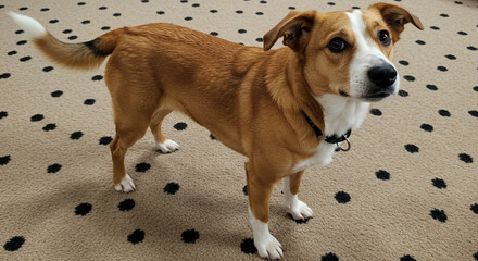 A medium sized brown and white dog standing on a carpet with black spots looking up intently