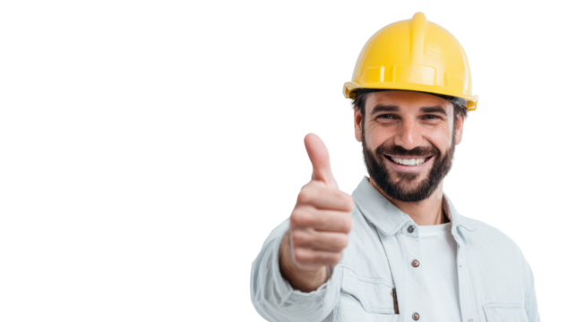 Happy construction worker giving a thumbs up on a white isolated background.