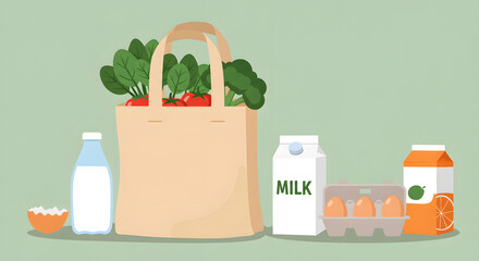 Healthy Grocery Haul Illustration: Fresh Produce, Dairy, Eggs & Juice with Reusable Shopping Bag