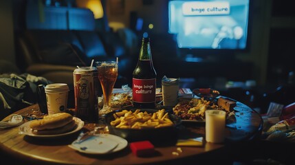 A cluttered table with food and drinks in front of a tv displaying binge culture text on the screen