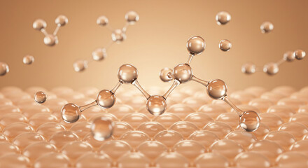 A close up of a molecular structure with spheres connected by rods on a cellular surface in gold tones