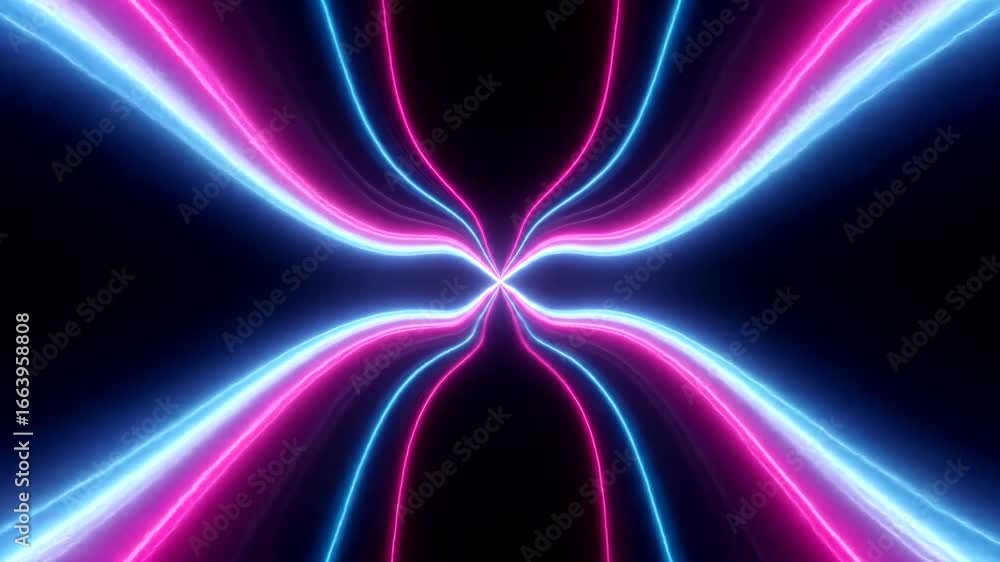 Poster abstract neon light streaks form a symmetrical pattern on a dark background.