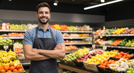 A smiling grocery store employee with arms crossed in front of produce aisle in supermarket shop