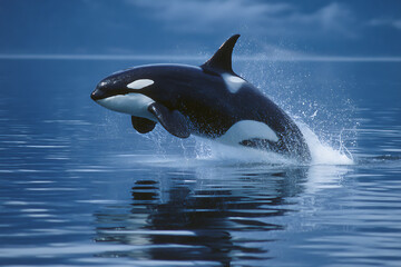Fototapeta premium Dynamic orca whale breaching water surface, showcasing power and grace, perfect for marine life and conservation themes, powerful ocean mammal