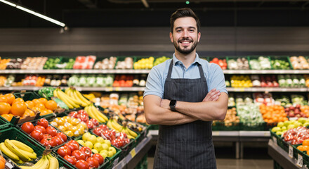 A smiling supermarket employee in an apron stands in front of fresh produce with arms crossed proudly