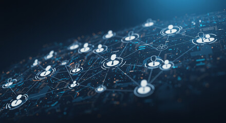 A network of connected user icons on a dark blue background representing social media connections