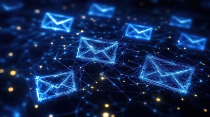 A digital network of glowing blue email envelopes connected by lines and small yellow dots on dark background
