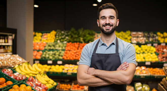 Smiling man in apron stands in front of produce display at grocery store with arms crossed looking at camera - Powered by Adobe