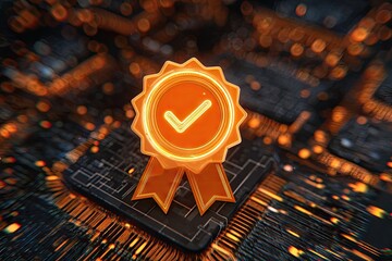 Orange certification badge on circuit board