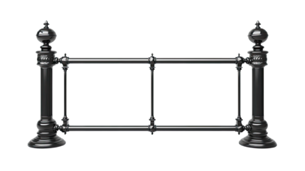 Black decorative metal fence barrier with classic ornamental posts vintage style architecture detail isolated on white background