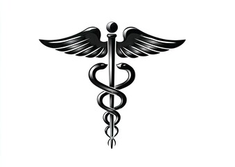 Black and white medical symbol, wings, snakes, staff