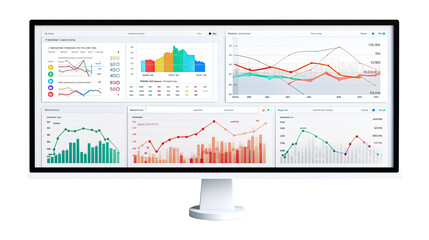 Financial analytics dashboard with charts graphs statistics and business performance data visualization isolated on white background