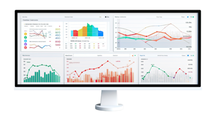 Financial analytics dashboard with charts graphs statistics and business performance data visualization isolated on white background