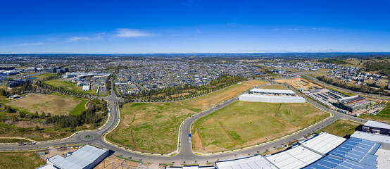 Drone aerial photograph of residential housing and development in the fast growing suburb of Oran Park in the Macarthur Region of South Western Sydney in New South Wales, Australia. 