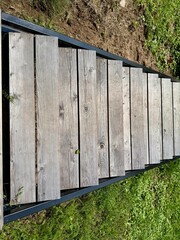 Fototapeta premium Wooden deck pathway next to fresh green grass in a garden outdoor setting